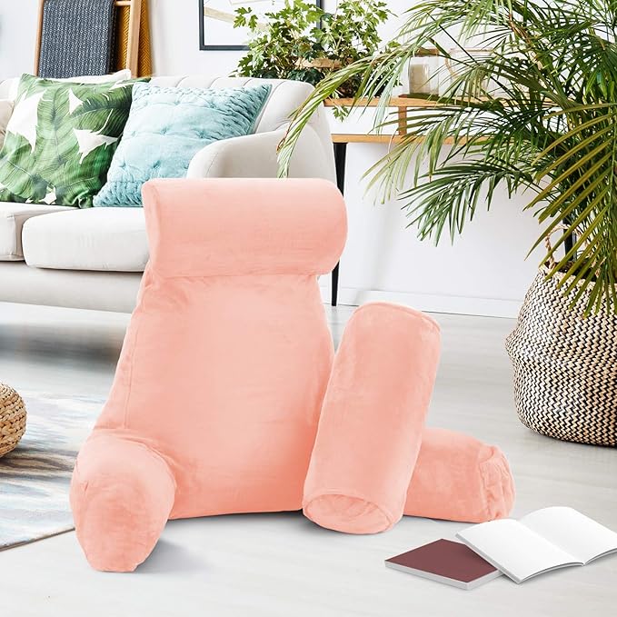 Clara Clark Reading Pillow, Large Back Pillow for Sitting Up in Bed, Memory Foam Back Support Pillow, Reading Pillows for Sitting in Bed Adult, Peach Sit Up Pillow for Bed Chair with Arms and Pockets - LeafyLoom