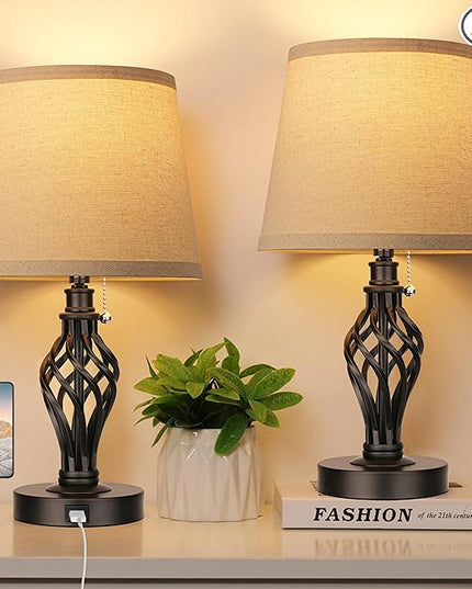 PARTPHONER Table Lamps Set of 2, Farmhouse Bedside Lamps with USB Ports, Nightstand Lamp Cream Drum Shade Spiral Cage Base Desk Lamps for Living Room Bedroom Study Room without Bulb - LeafyLoom