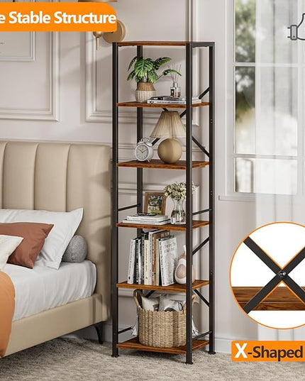 Furologee 6 Tier Tall Bookshelf, Industrial Narrow Bookcase, Display Standing Shelf Units, Metal and Wood Storage Rack Organizer for Living Room, Home Office, Entryway, Kitchen, Rustic Brown - LeafyLoom