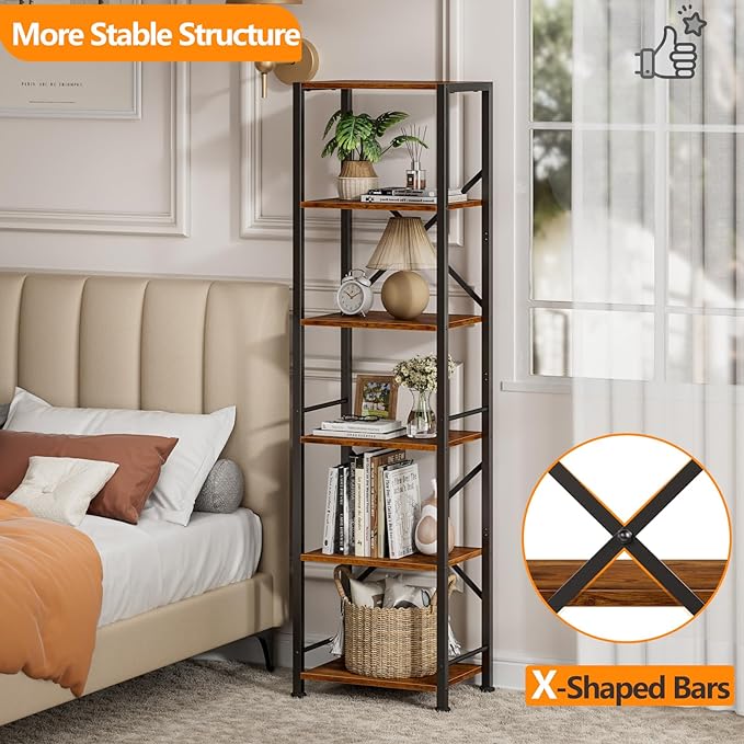 Furologee 6 Tier Tall Bookshelf, Industrial Narrow Bookcase, Display Standing Shelf Units, Metal and Wood Storage Rack Organizer for Living Room, Home Office, Entryway, Kitchen, Rustic Brown - LeafyLoom