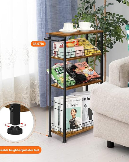 YBING Slim Storage Cart 4 Tier Kitchen Rolling Cart on Wheels Mobile Narrow Cart with Wooden Tabletop Slide Out Utility Cart for Bathroom Laundry Narrow Places Rustic Brown 16.5''L X 7.3''W X 34.6''H - LeafyLoom
