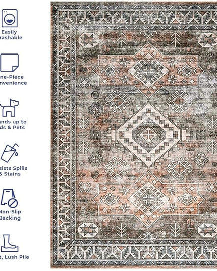 nuLOOM 6 Square Machine Washable Rain Haven Vintage Medallion Area Rug, Rust, Traditional Faded Design, Non-Slip Backing, Stain Resistant, For Bedroom, Dining Room, Living Room, Kitchen - LeafyLoom