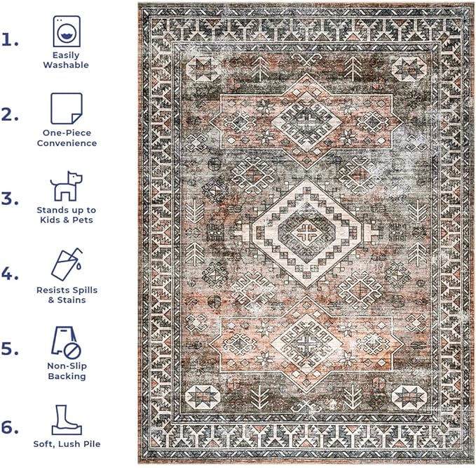 nuLOOM 6 Square Machine Washable Rain Haven Vintage Medallion Area Rug, Rust, Traditional Faded Design, Non-Slip Backing, Stain Resistant, For Bedroom, Dining Room, Living Room, Kitchen - LeafyLoom