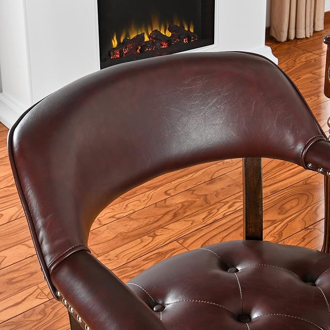 Dining Chairs with Casters and Arm, Large Rolling Dining Chairs with Wheel, Poker Table Chairs, Boss Caption's Chairs, 26"D x 25.2"W x 31.5"H, Espresso Legs & Wine Red Brown PU, XXY-1910-WR - LeafyLoom