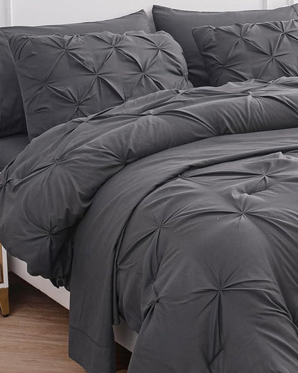 LANE LINEN King Size Comforter Set with Sheets, Pillowcases & Shams, 7 Piece Bed in a Bag Set King Size, Pintuck King Bed Comforter Set, Soft King Bedding Set, Pinch Pleated King Size Bed Set - Grey - LeafyLoom
