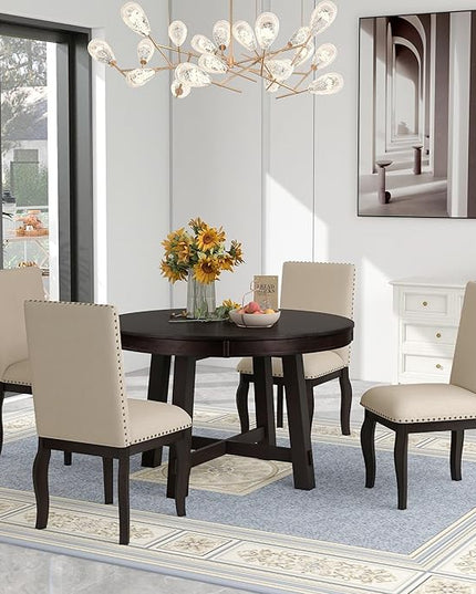 RITSU 5-Piece Farmhouse Round Retractable Table Set with 4 Upholstered Dining Chairs, Copper Ingot Trim, MDF and Rubber Wood for Living Room, Apartment,Espresso, 58inch - LeafyLoom