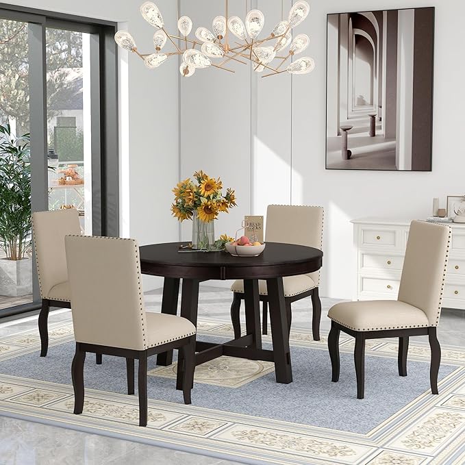 RITSU 5-Piece Farmhouse Round Retractable Table Set with 4 Upholstered Dining Chairs, Copper Ingot Trim, MDF and Rubber Wood for Living Room, Apartment,Espresso, 58inch - LeafyLoom