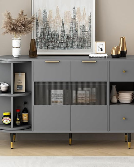 51.1" Rotating Storage Cabinet Sideboard with 2 Doors of Tempered Changhong Glass and 2 Drawers,Wooden Console Table,w/Built-in Shelves & Turntable,for Living Room,Gray - LeafyLoom