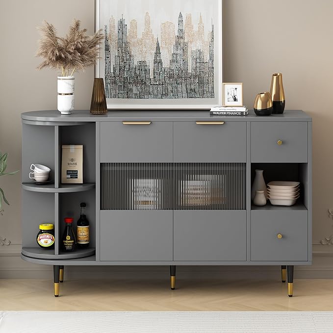 51.1" Rotating Storage Cabinet Sideboard with 2 Doors of Tempered Changhong Glass and 2 Drawers,Wooden Console Table,w/Built-in Shelves & Turntable,for Living Room,Gray - LeafyLoom