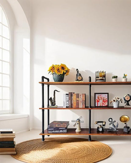 3 Tier Long Industrial Bookshelf, 3 Realwood Industrial Pipe Bookshelf for Living Room, Entry, Office (Rustic Brown, 60" L x 11.8" W x 39" H) - LeafyLoom