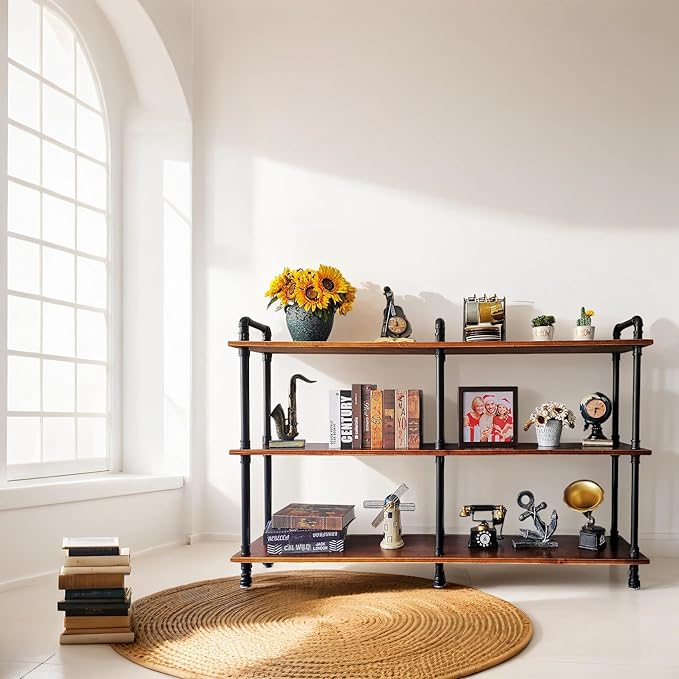 3 Tier Long Industrial Bookshelf, 3 Realwood Industrial Pipe Bookshelf for Living Room, Entry, Office (Rustic Brown, 60" L x 11.8" W x 39" H) - LeafyLoom