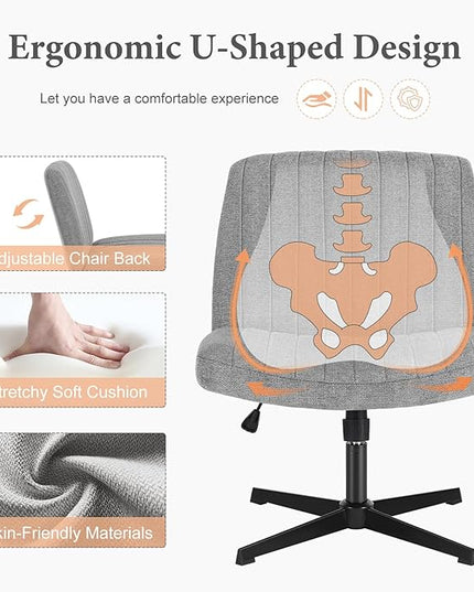 Sweetcrispy Criss Cross Chair Legged, Armless Office Desk Chair No Wheels, Swivel Vanity Chair, Height Adjustable Wide Seat Computer Task Chair, Fabric Vanity Modern Home Chair Grey - LeafyLoom
