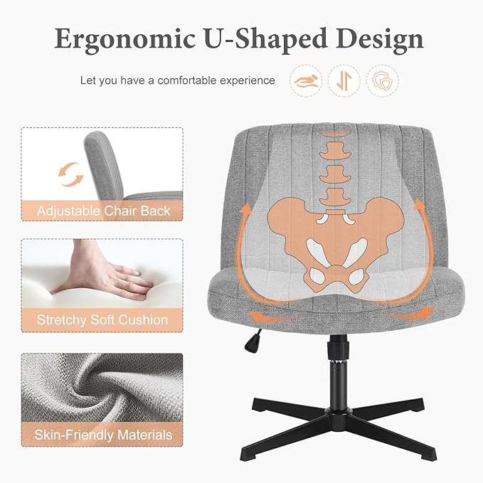 Sweetcrispy Criss Cross Chair Legged, Armless Office Desk Chair No Wheels, Swivel Vanity Chair, Height Adjustable Wide Seat Computer Task Chair, Fabric Vanity Modern Home Chair Grey - LeafyLoom
