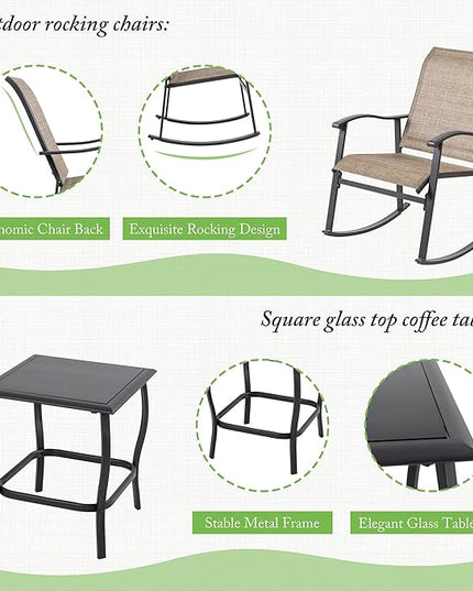 Shintenchi 3 Piece Rocking Bistro Set, Outdoor Furniture with Rocker Chairs and Glass coffee table set of 3, Balcony, Porch Furniture for Small Space, Brown - LeafyLoom