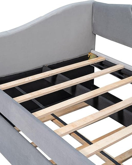 Twin Size Upholstered Daybed with Trundle, Wood Slat Support Sofa Bed with Armrest, No Box Spring Needed, Easy to Assemble, for Studio, Bedroom, Living, Guest Room, Gray - LeafyLoom