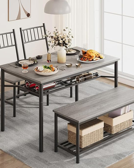 GAOMON Dining Table Set for 4, Kitchen Table with Chairs and Bench, 4-Person Dining Room Table Set with Wine Rack, Rectangular Kitchen Table Set for Small Space, Apartment, Home, Rustic Grey - LeafyLoom