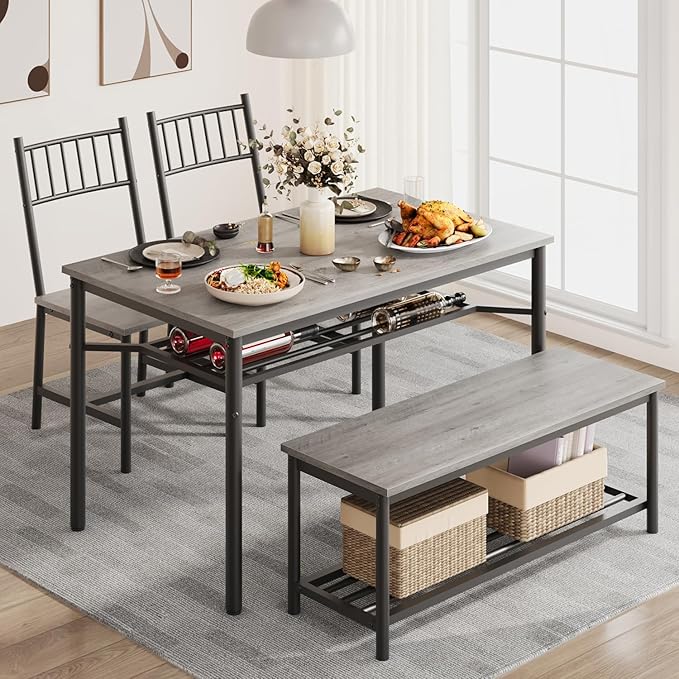 GAOMON Dining Table Set for 4, Kitchen Table with Chairs and Bench, 4-Person Dining Room Table Set with Wine Rack, Rectangular Kitchen Table Set for Small Space, Apartment, Home, Rustic Grey - LeafyLoom