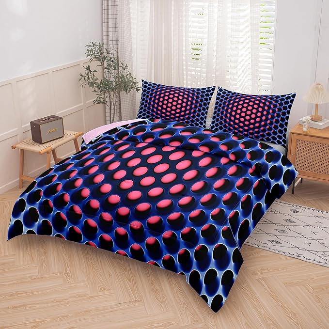 NINENINE Honeycomb Bedding Girls Comforter Set Twin Pink and Blue Bedding Geometric Stereoscopic Comforter Sets for Kids Geometrical Bed Set with 1 Comforter 1Pillowcase - LeafyLoom