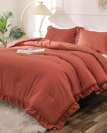 Terracotta Double Ruffle Comforter Set Twin Size (66x90 Inch), 2 Pcs Farmhouse Vintage Comforter Set (1 Ruffled Comforter and 1 Pillowcase), Rustic All Season Down Alternative Bedding Set - LeafyLoom