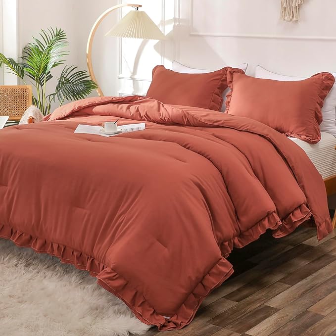Terracotta Double Ruffle Comforter Set Twin Size (66x90 Inch), 2 Pcs Farmhouse Vintage Comforter Set (1 Ruffled Comforter and 1 Pillowcase), Rustic All Season Down Alternative Bedding Set - LeafyLoom