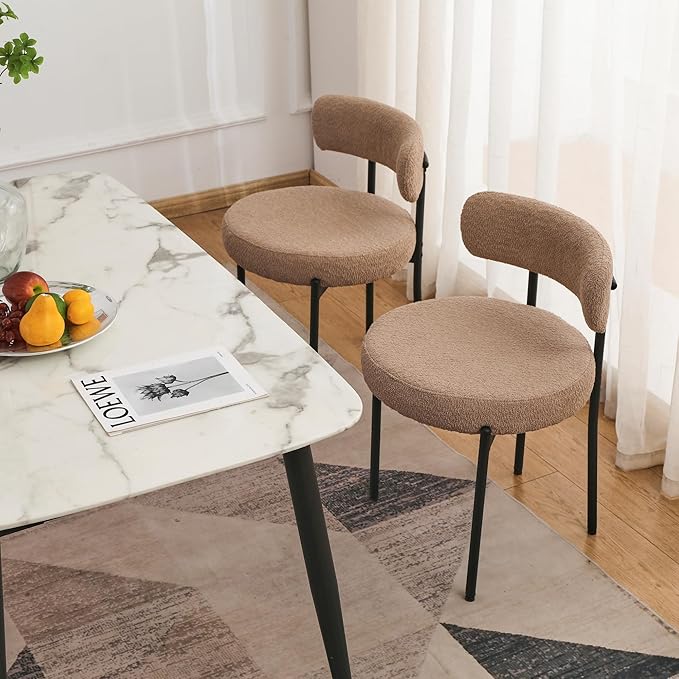 EDWELL Dining Chairs Set of 2, Round Upholstered Dining Room Chairs with Black Metal Legs, Modern Boucle Dining Chair for Dining Room, Kitchen, Living Room, Capacity 330lbs - LeafyLoom