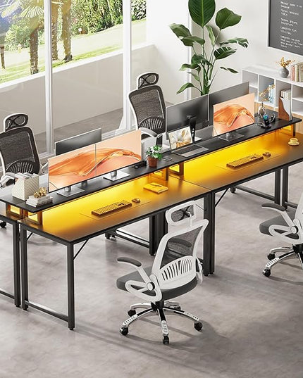 Computer Desk with USB Power Outlets and LED Lights,55 inch Gaming desk with Monitor Stand for Small Space Home Office, Modern Simple Study Writing Table PC Desks, Black - LeafyLoom