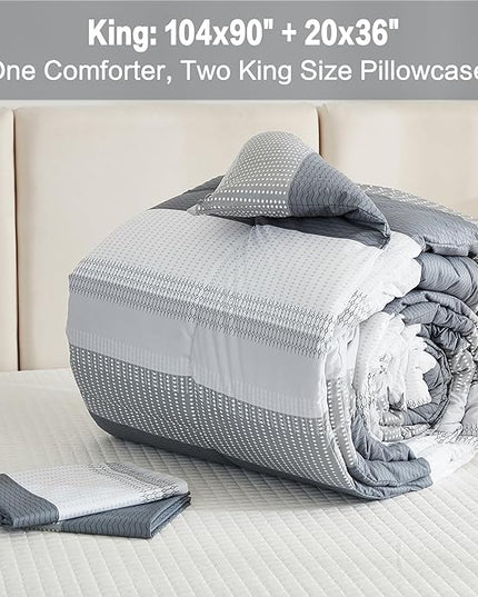Litanika Comforter King Size Bed Set Light Grey - 3 Pieces Lightweight Bedding Comforter Sets Gray White Colorblock Stripe Fluffy All Season Bed Set - LeafyLoom