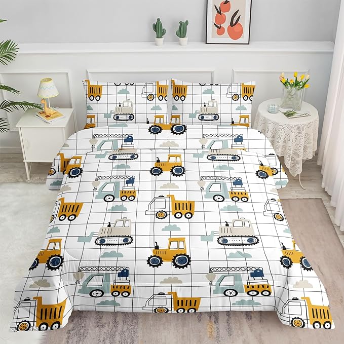Datura home Construction Truck Comforter Set for Boys Kids Children,Machinery Truck Excavators Vehicles Cartoon Tractor Bedding Set with 1 Comforter and 2 Pillowcases(Construction Truck Twin) 68x86in - LeafyLoom