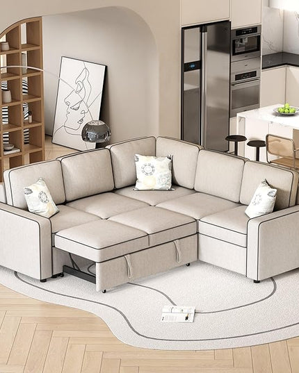 83“ L-Shape Sectional Sleeper Sofa with Pull out Bed, Linen Upholstered Convertible Couch w/ 3 Pillows, 2 Power Sockets &2 USB ports, for Living Room Apartment, 83 Inch, Cream - LeafyLoom