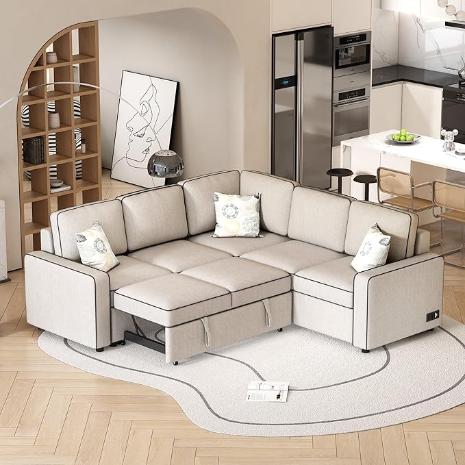 83“ L-Shape Sectional Sleeper Sofa with Pull out Bed, Linen Upholstered Convertible Couch w/ 3 Pillows, 2 Power Sockets &2 USB ports, for Living Room Apartment, 83 Inch, Cream - LeafyLoom