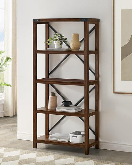 Walker Edison 4 shelves Andersen Urban Industrial Metal X Back Bookshelf, 64 Inch, Dark Walnut - LeafyLoom