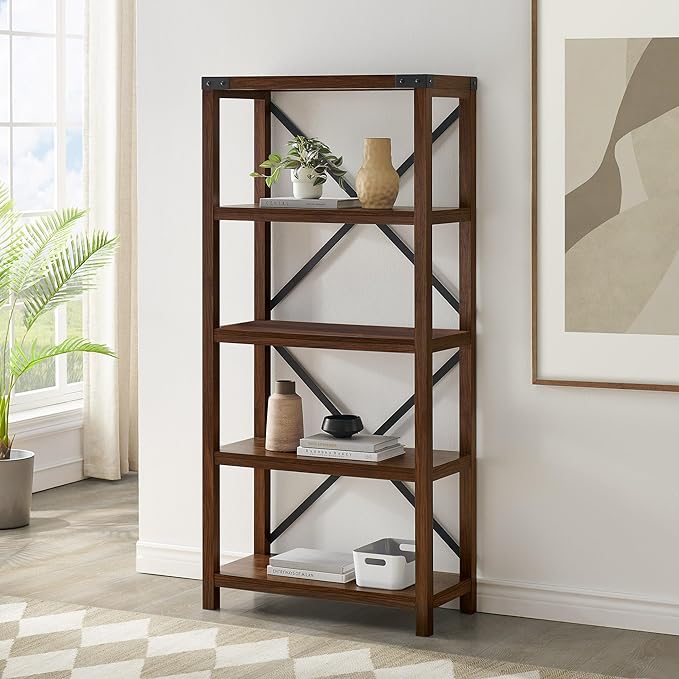 Walker Edison 4 shelves Andersen Urban Industrial Metal X Back Bookshelf, 64 Inch, Dark Walnut - LeafyLoom