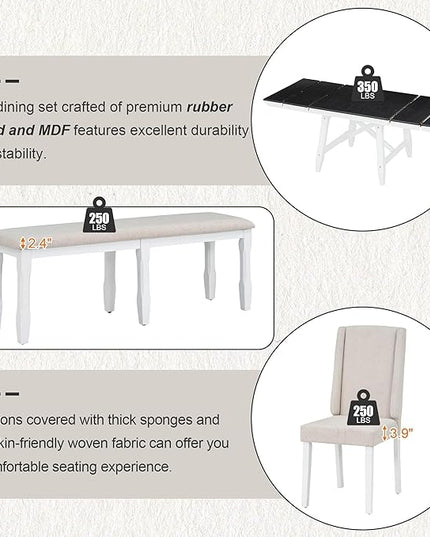 Farmhouse 6-Piece Dining Set, Included Solid Wood Rectangular Extendable Table with Two 12" W Removable Leaves and 4 Upholstered Chairs & a Bench, Home Kitchen Furniture, Black+Brown+White - LeafyLoom