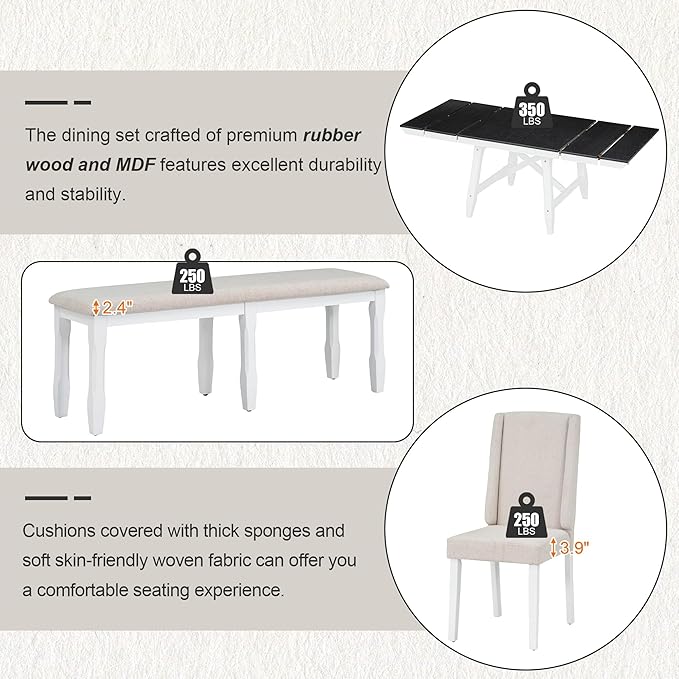 Farmhouse 6-Piece Dining Set, Included Solid Wood Rectangular Extendable Table with Two 12" W Removable Leaves and 4 Upholstered Chairs & a Bench, Home Kitchen Furniture, Black+Brown+White - LeafyLoom
