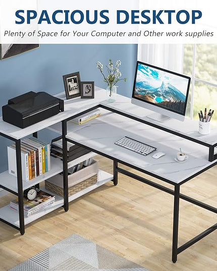 Reversible L Shaped Computer Desk with Storage Shelf, Industrial Corner Desk with Monitor Stand for Home Office - LeafyLoom