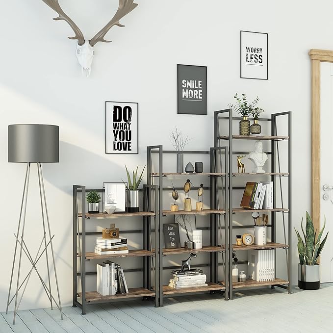 4NM No-Assembly Folding Bookshelf Storage Shelves 5 Tiers Vintage Bookcase Standing Racks Study Organizer Home Office (Rustic Brown and Black) - LeafyLoom