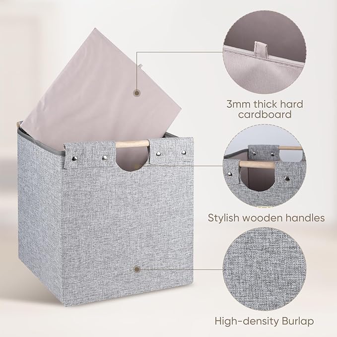13x13x13 Inches Collapsible Storage Cubes, 4 Pack Fabric Bins with Wooden Handles for Kallax Shelves, Closet, Cabinet, Bookcase, Home Organizer Boxes for Decor and Laundry (Gray) - LeafyLoom