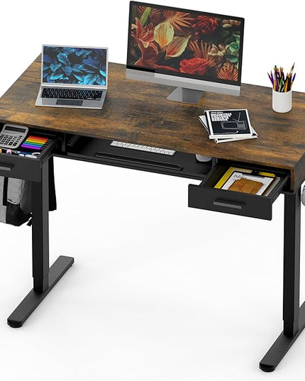 SHW 48-Inch Electric Height Adjustable Desk with Keyboard Tray and Two Drawers, Rustic Brown - LeafyLoom