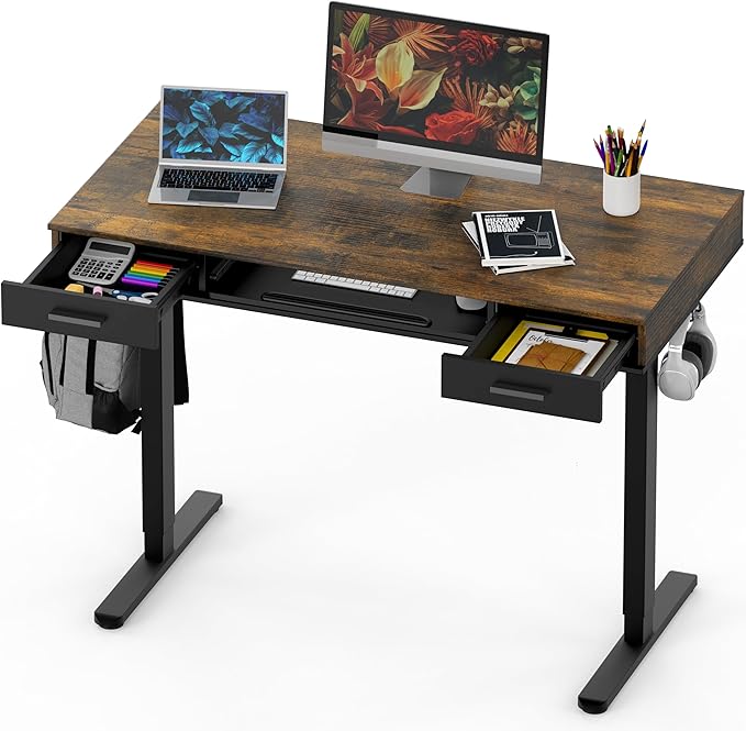 SHW 48-Inch Electric Height Adjustable Desk with Keyboard Tray and Two Drawers, Rustic Brown - LeafyLoom