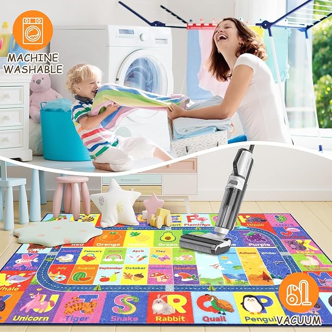 HEBE Kids Play Rug 3'4"x5' ABC Alphabet Numbers Shapes Educational Kid Area Rug Washable Baby Crawling Mat Non Slip Kid Play Mat Carpet for Girl Boy Bedroom Playroom - LeafyLoom