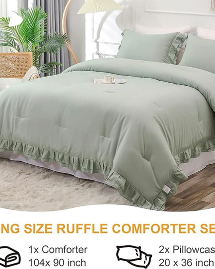 Sage Green Double Ruffle Comforter Set King Size (104x90 Inch), 3 Pcs Farmhouse Vintage Comforter Set (1 Ruffled Comforter and 2 Pillowcase), Rustic All Season Down Alternative Bedding Set - LeafyLoom