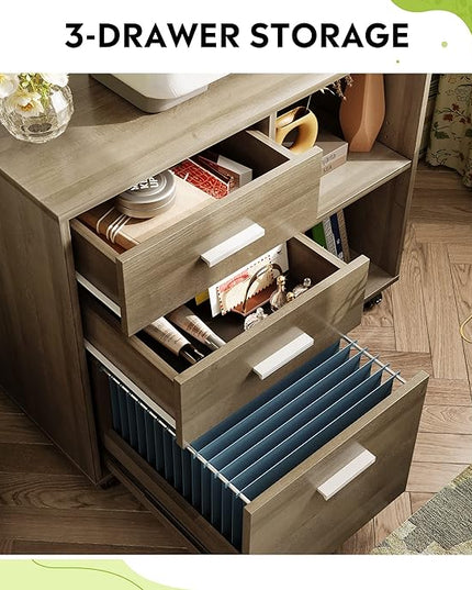 DEVAISE 3-Drawer Wood File Cabinet, Mobile Lateral Filing Cabinet, Printer Stand with Open Storage Shelves for Home Office, Gray Oak - LeafyLoom