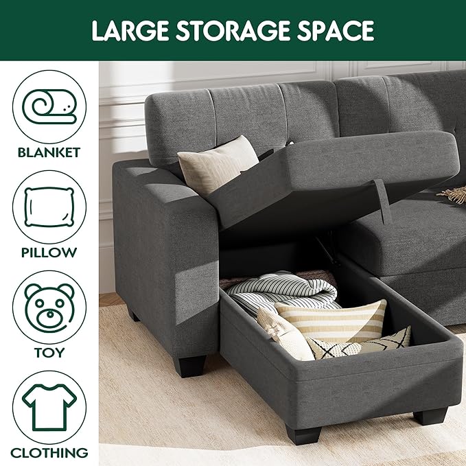 ROOMTEC 82" L-Shaped 3-Seaters Corner Sectional Sofa W/Pull Out Sleeper Couch Bed with Storage Chaise Left/Right Freely Convertible for Home Office Apartment Living Room Dorm - LeafyLoom