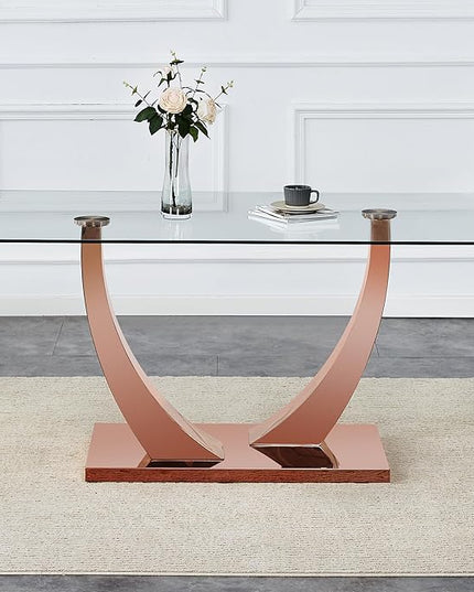 Modern Glass Table with Rectangular Tempered Tabletop,Dinner Desk Set for 4-8 People W, Home,Kitchen,Dining Room,Office,Rose Gold+Clear Finish, 63" U-Shape Pedestal Base - LeafyLoom