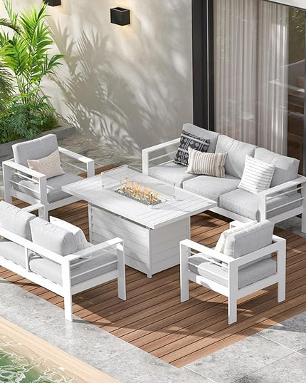 Wisteria Lane Aluminum Patio Furniture Set, 5 Piece Metal Outdoor Furniture Set with CSA Certified 54in Propane Gas Fire Pit Table, Patio Conversation Set with 5in Olefin Cover Cushions (White) - LeafyLoom