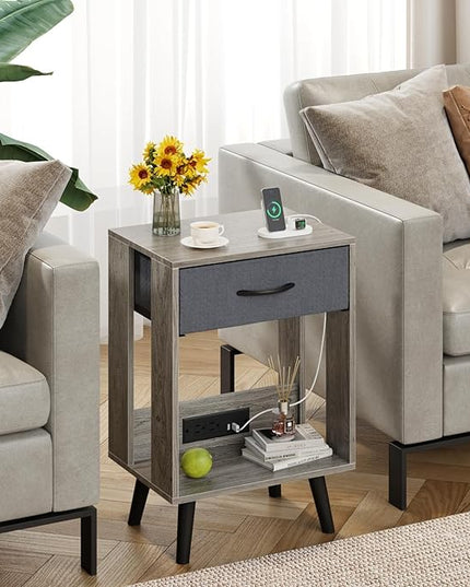 Nightstand with Charging Station and Fabric Drawer, Side Table with Storage for Bedroom, Night Stand with Open Wood Shelf for Bedroom, Bedside Tables - Gray - LeafyLoom