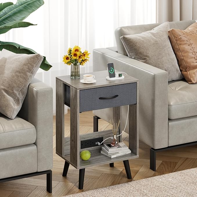 Nightstand with Charging Station and Fabric Drawer, Side Table with Storage for Bedroom, Night Stand with Open Wood Shelf for Bedroom, Bedside Tables - Gray - LeafyLoom