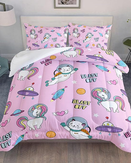 Kawaii unicorn Cat Comforter Set 3 Pieces Universe Galaxy Outer Space Bedding Set Astronaut Rocket Bed Quilt Set for Girls Boys Kids Pink - LeafyLoom