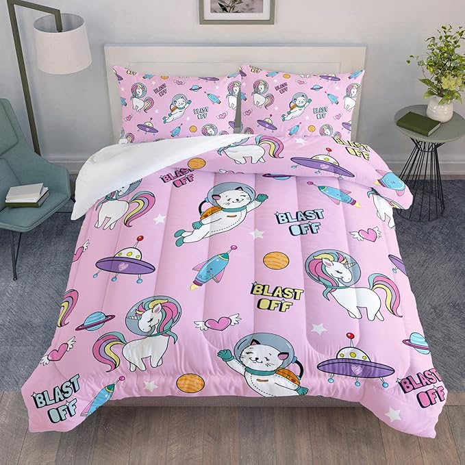 Kawaii unicorn Cat Comforter Set 3 Pieces Universe Galaxy Outer Space Bedding Set Astronaut Rocket Bed Quilt Set for Girls Boys Kids Pink - LeafyLoom