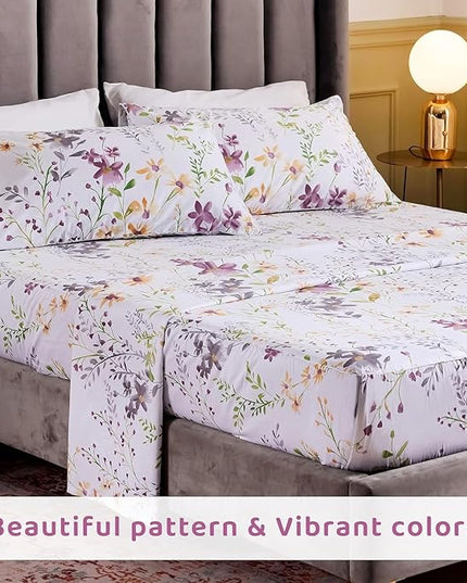 QSH Wild Floral Printed Bed Sheets Egyptian Cotton Yellow Flower Botanical Pattern King Size Sheets Extra Deep Pocket 17.5" - LeafyLoom